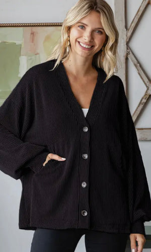 Ariba Black Solid Rib Drop Shoulder Button Balloon Sleeve Cardigan