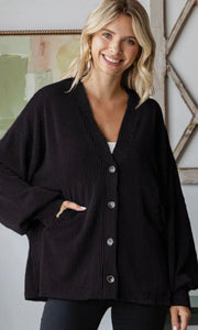 Ariba Black Solid Rib Drop Shoulder Button Balloon Sleeve Cardigan