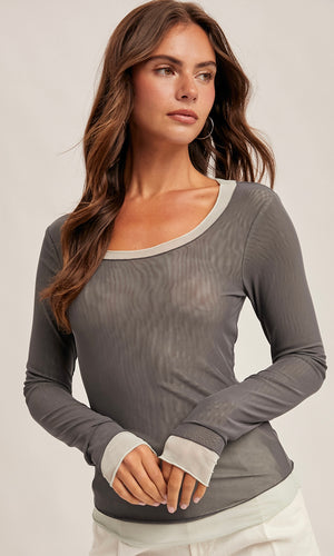 Malia Slate Double Layer Scoop Neck Mesh Top