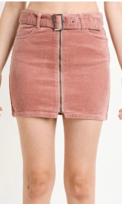 Asune Rose Stretch Corduroy Belted Zip Front Mini Skirt