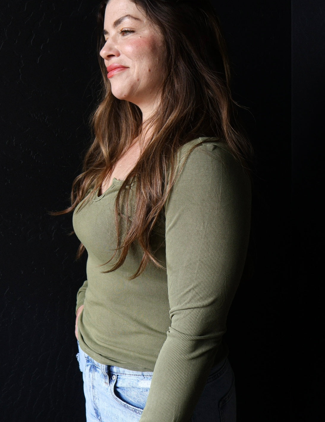Nicole Olive Ribbed Notched Neck Longsleeve Basic Top