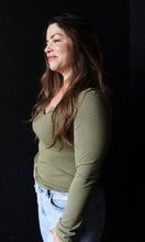 Nicole Olive Ribbed Notched Neck Longsleeve Basic Top