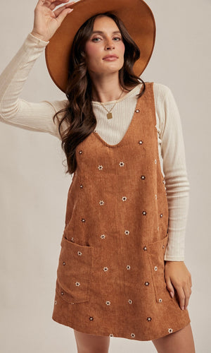 Nina Caramel Floral Embroidered Corduroy Pinafore Dress