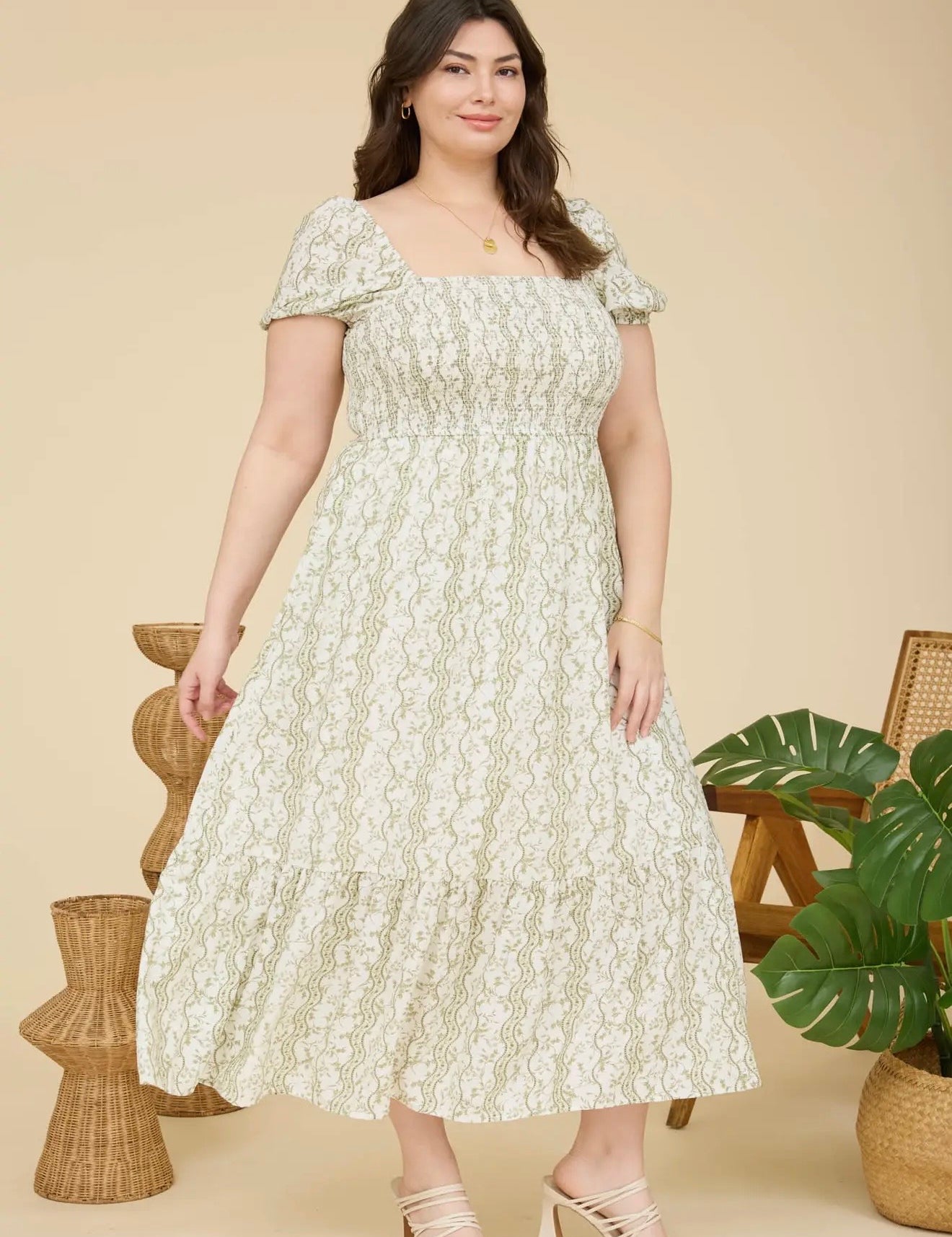 Callen Plus Size Wavy Floral Smocked Puff Sleeve Midi Dress