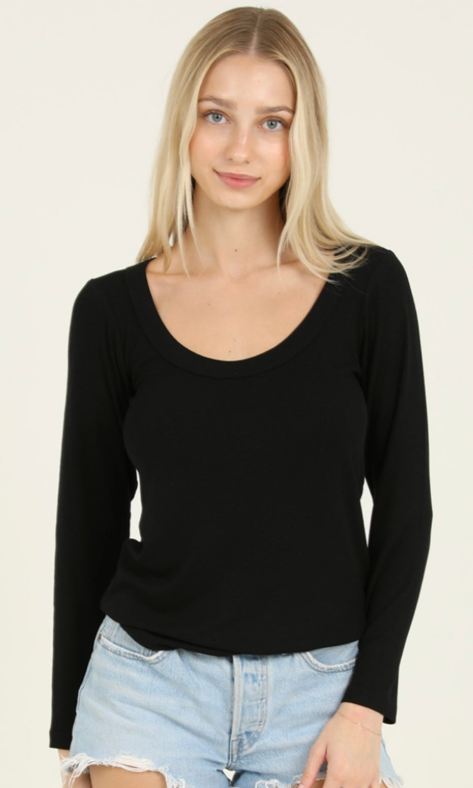 Carina Black Rib Knit Scoop Neck Rounded Hem Long Sleeve Top