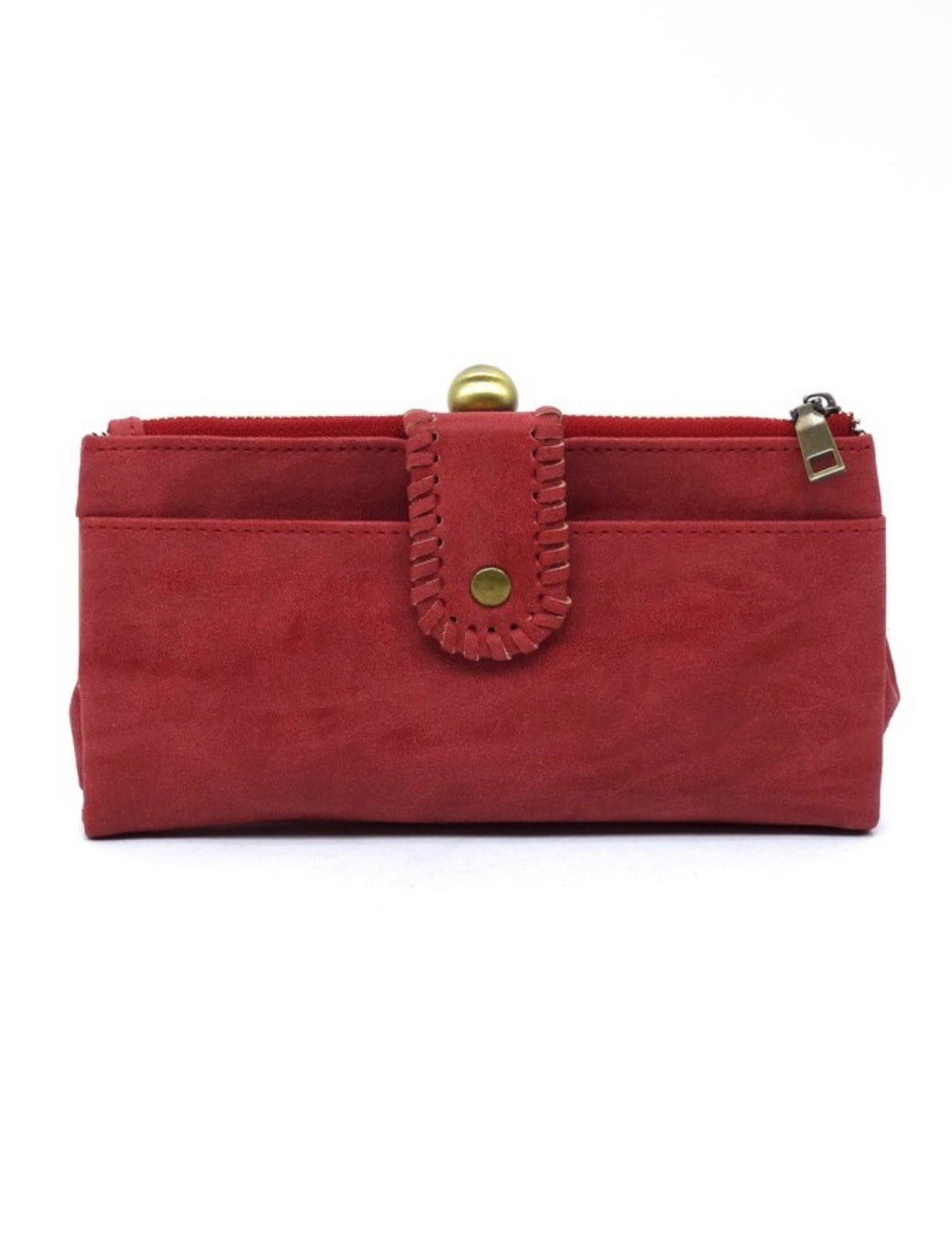 Red clutch bag with a gold clasp on a white background