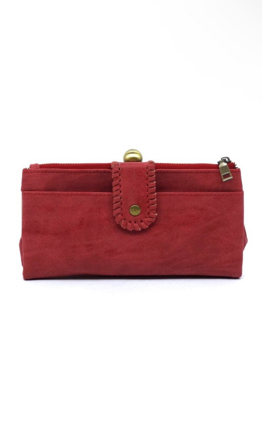 Red clutch bag with a gold clasp on a white background