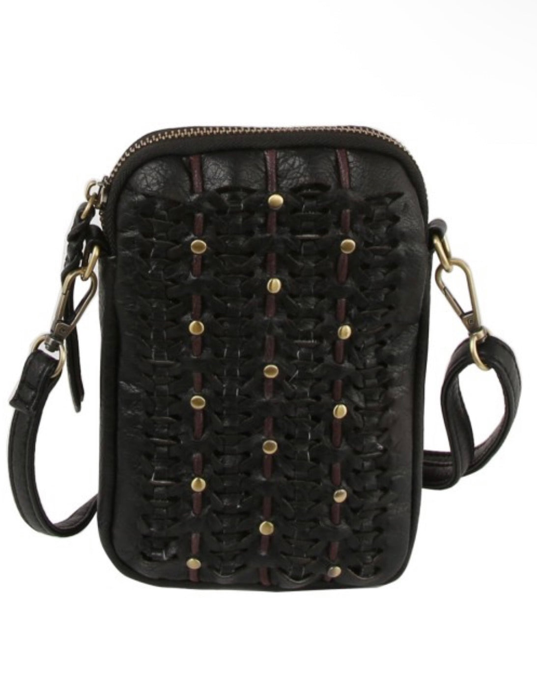 Black textured crossbody bag with gold studs on a white background