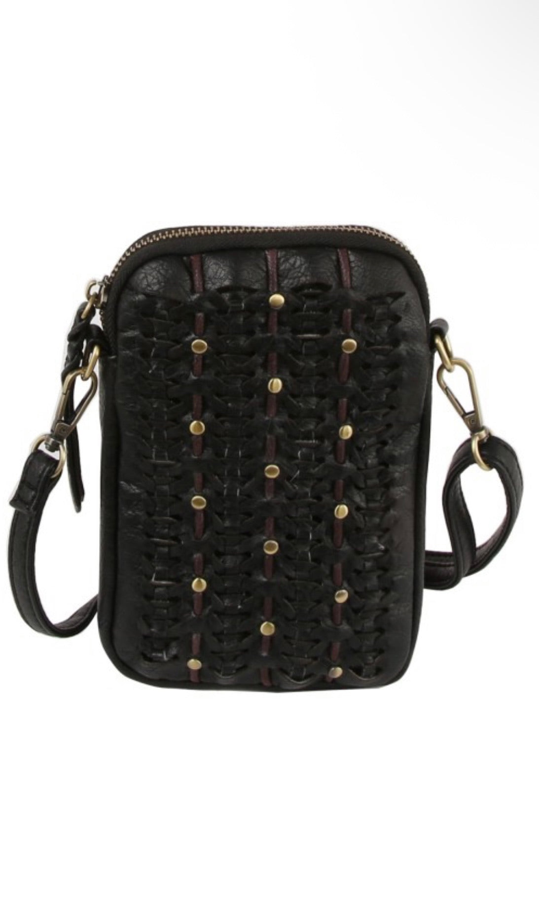 Black textured crossbody bag with gold studs on a white background