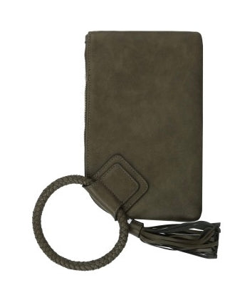 Dark green leather pouch with a strap on a white background