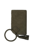 Dark green leather pouch with a strap on a white background
