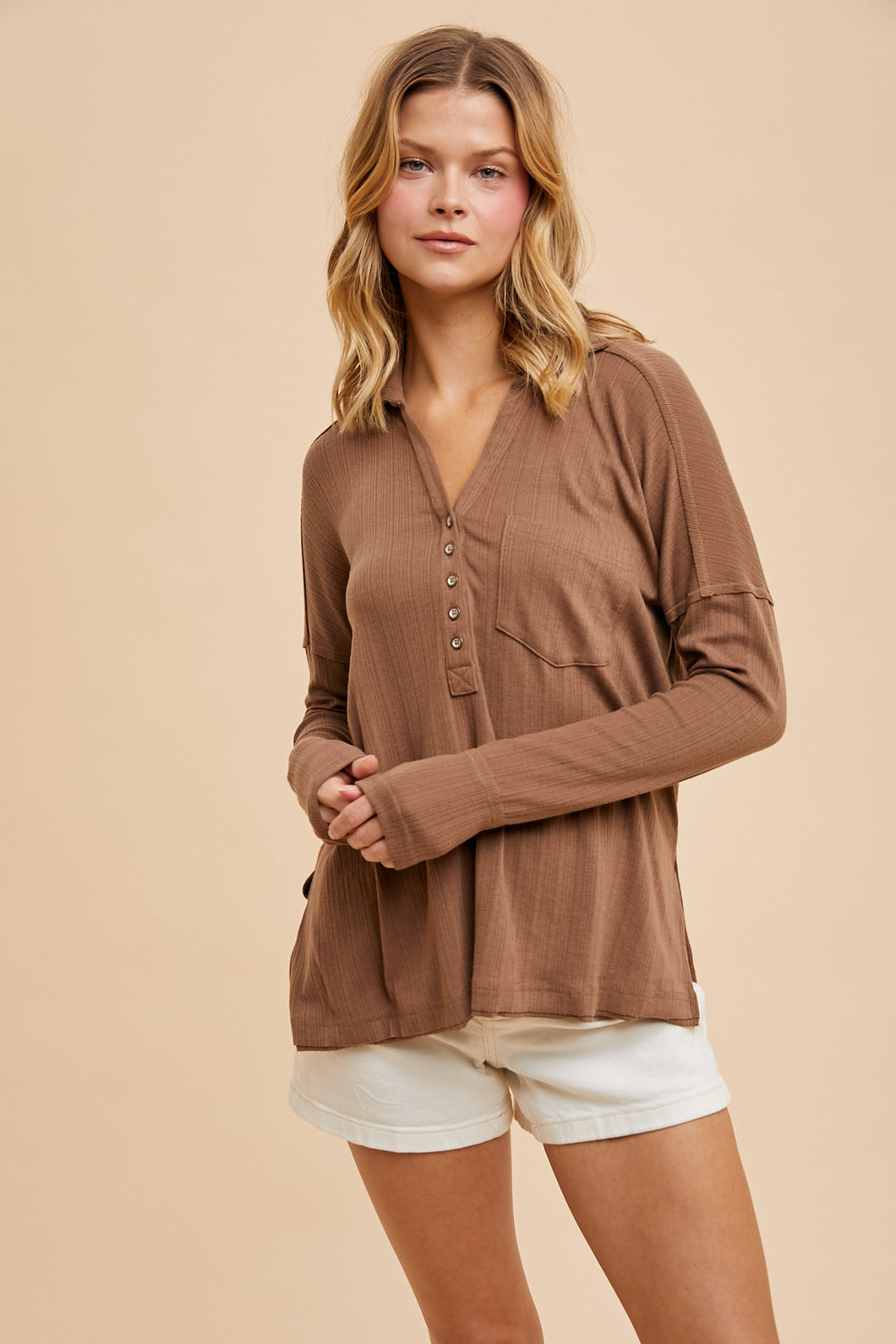 Ozias Mocha Ribbed Long Sleeve Henley Top