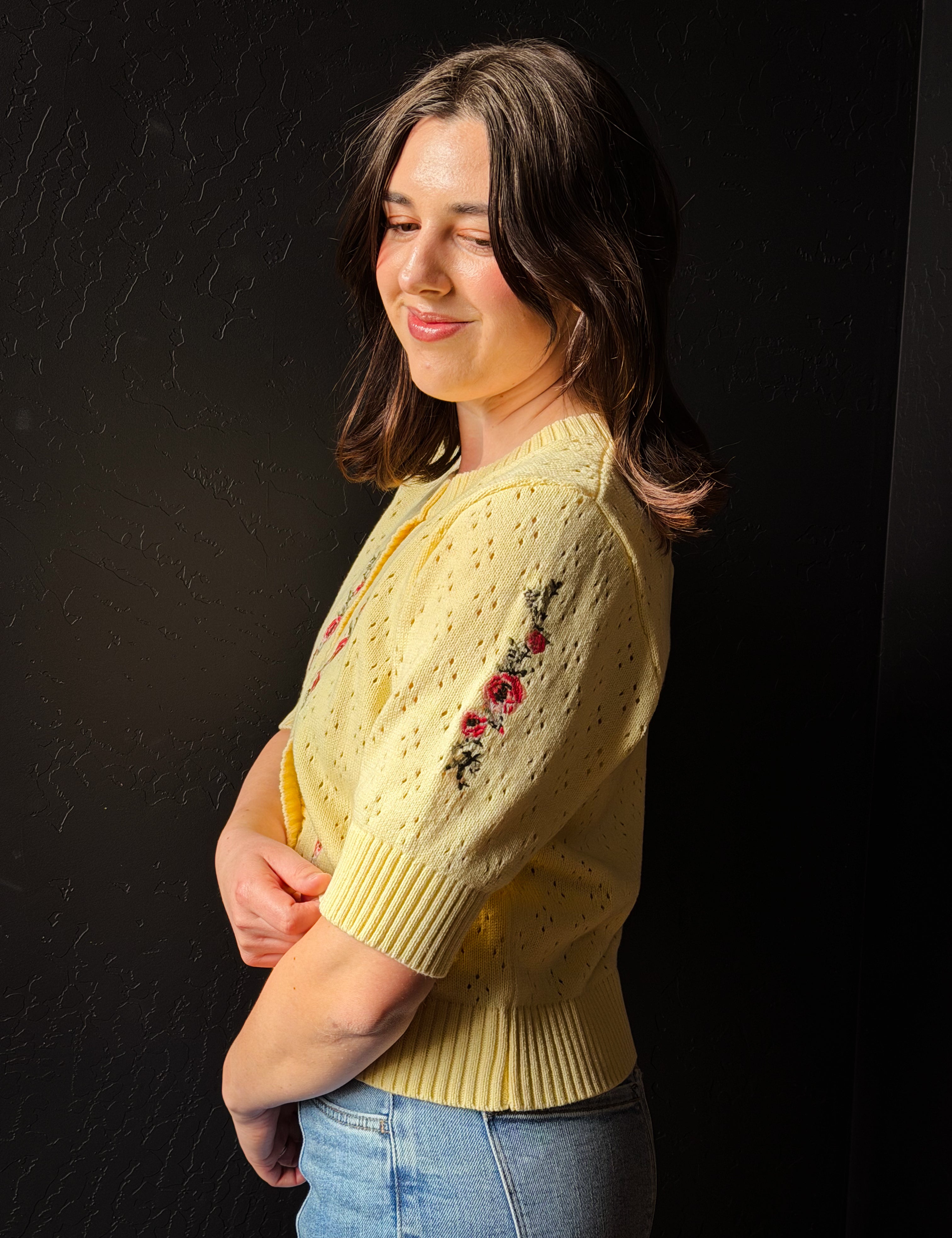 Clayton Short Sleeve Pointelle Cardigan Floral Embroidery Accent