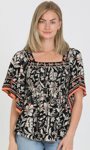 Camden Black Square Neck Kimono Sleeve Printed Blouse