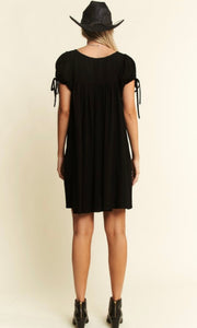 Dream Black Washed Linen Bubble Sleeve Dress