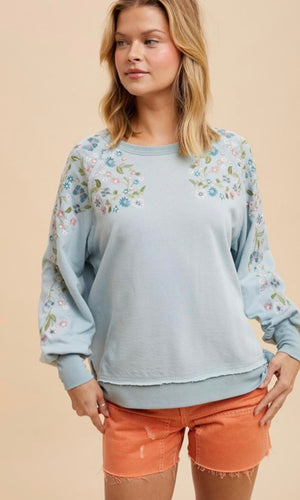 Carson Pastel Blue Embroidered French Terry Pullover