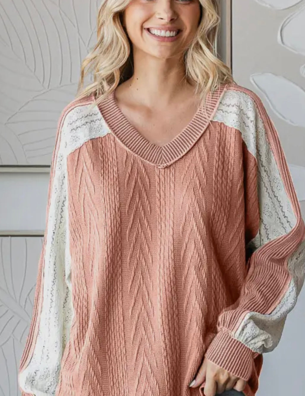Abby Cable Knit Color Block V Neck Long Sleeve Top