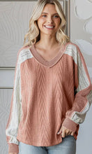 Abby Cable Knit Color Block V Neck Long Sleeve Top