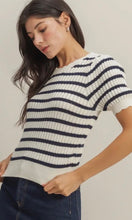 Dawson Navy Puff Sleeve Scallop Edge Striped Knit Top