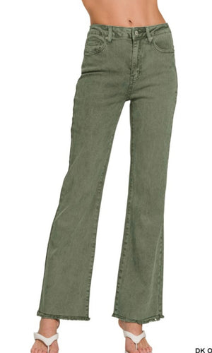 Acarie Dark Olive Wide Leg Stretch Cotton Frayed Hem Pants