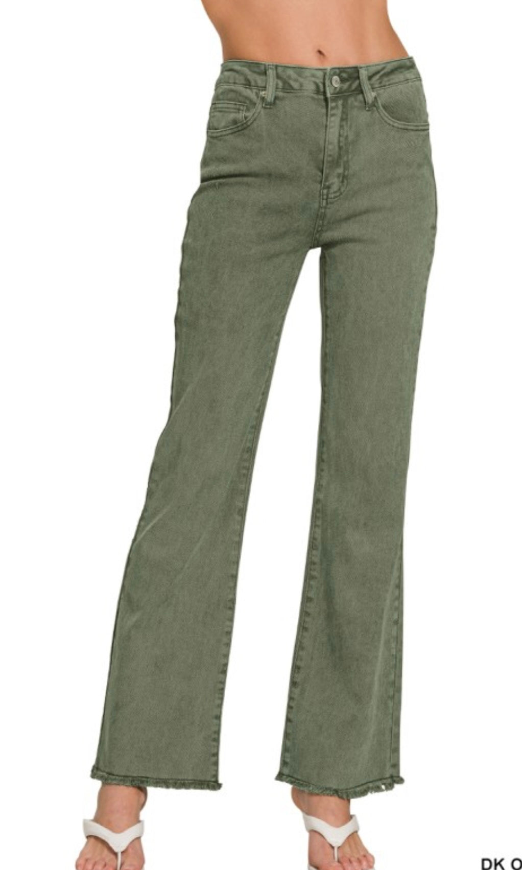 Acarie Dark Olive Wide Leg Stretch Cotton Frayed Hem Pants