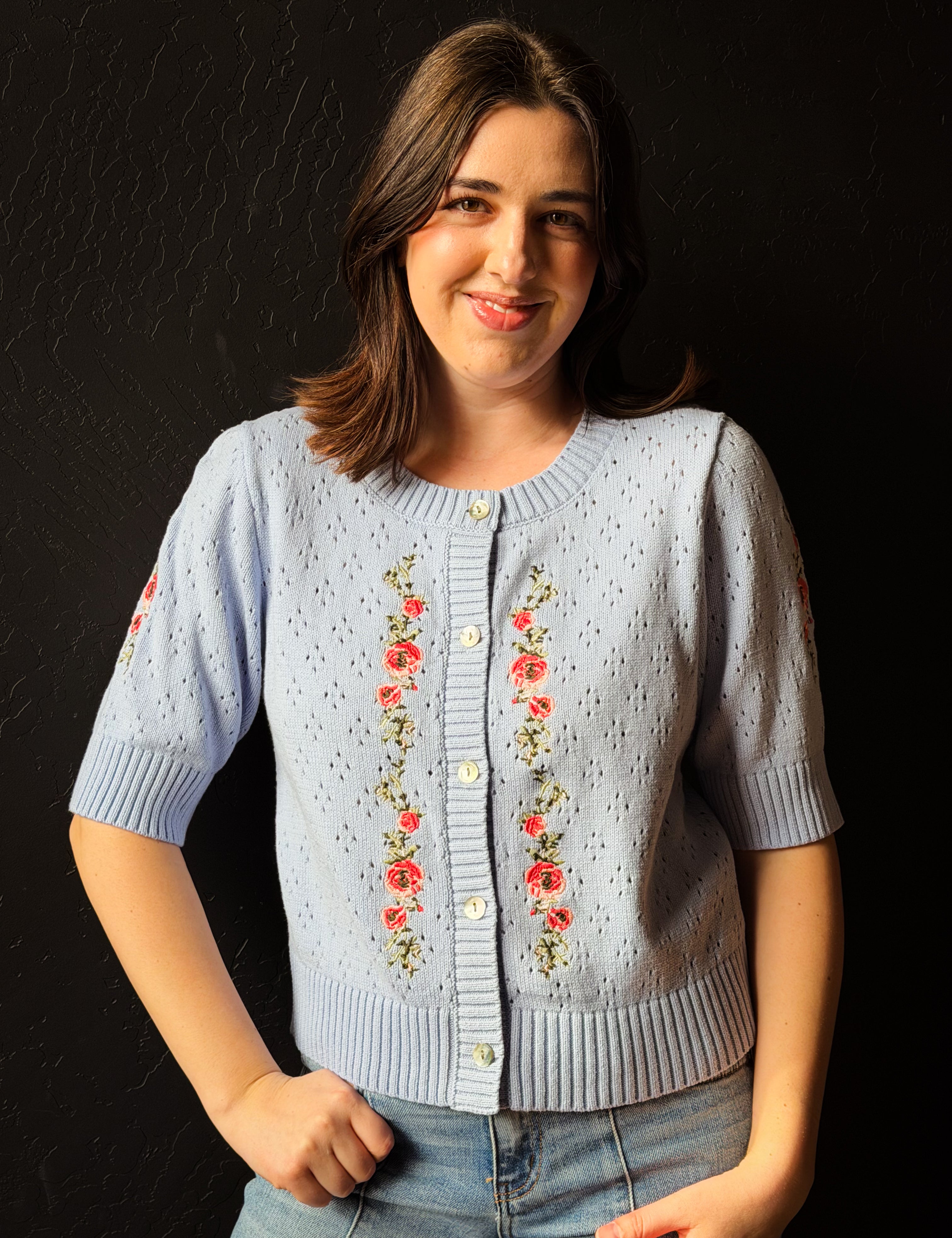 Clayton Short Sleeve Pointelle Cardigan Floral Embroidery Accent