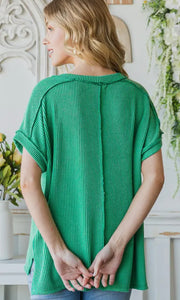 Destinee Green Solid Rib Drop Shoulder Short Sleeve Top