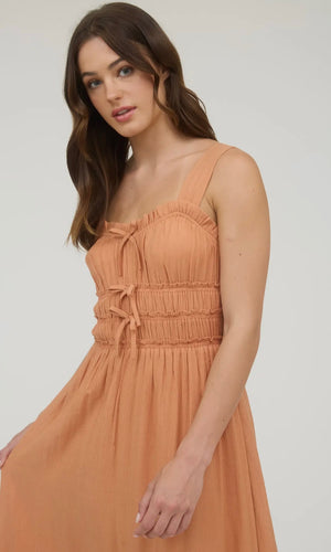 Lyra Pumpkin Shirred Front Tie Detail Sleeveless Midi Dress