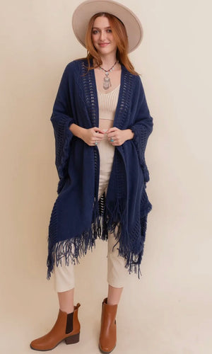 Porter Navy Open Work Frayed Border Bohemian Ruana