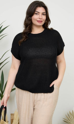 Emiko Black Plus Sheer Knit Crewneck Batwing Sweater Top