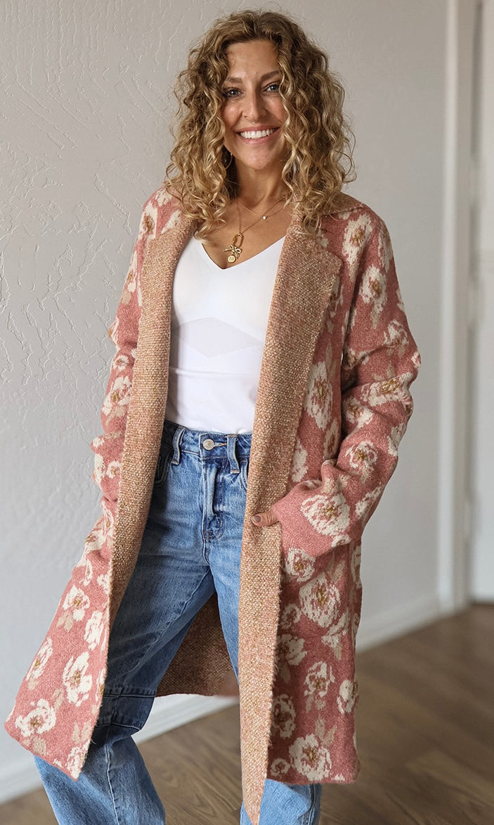 Harper Floral Print Collared Sweater Coat