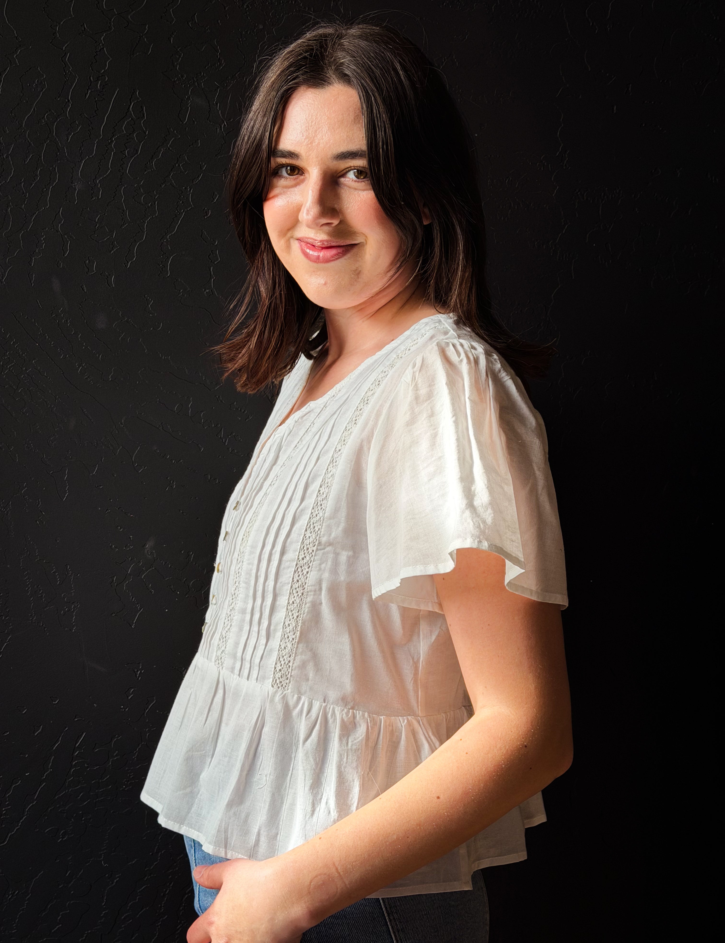 Baker V Neck Flutter Sleeve Front Button Down Lace Trim Blouse