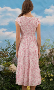 Doris Pink Floral V Neck Smocked Short Sleeve Midi Dress