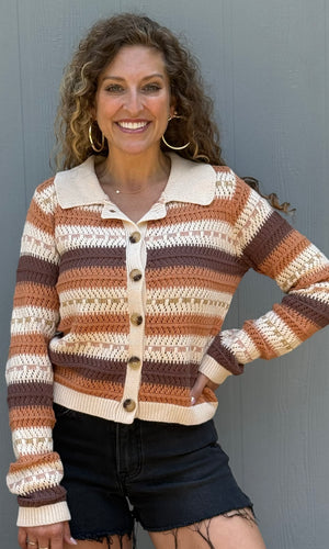 Milan Collared Open Crochet Button Down Cardigan