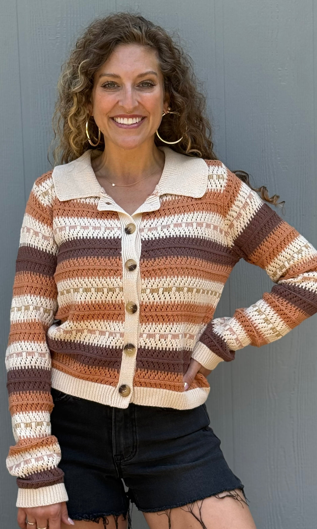 Milan Collared Open Crochet Button Down Cardigan