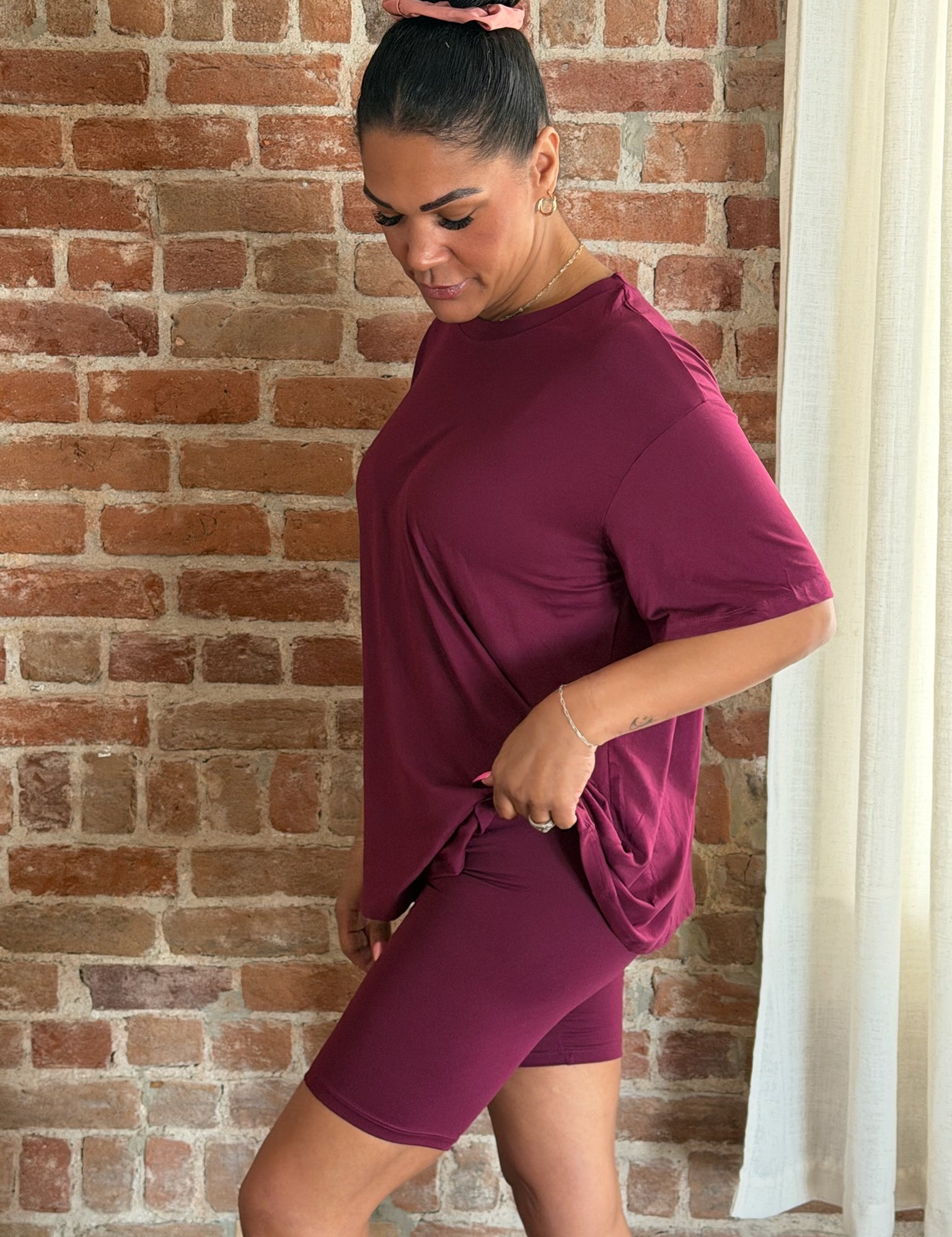 Harvey Burgundy Loose Fit Top & Bike Shorts Set