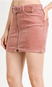 Asune Rose Stretch Corduroy Belted Zip Front Mini Skirt