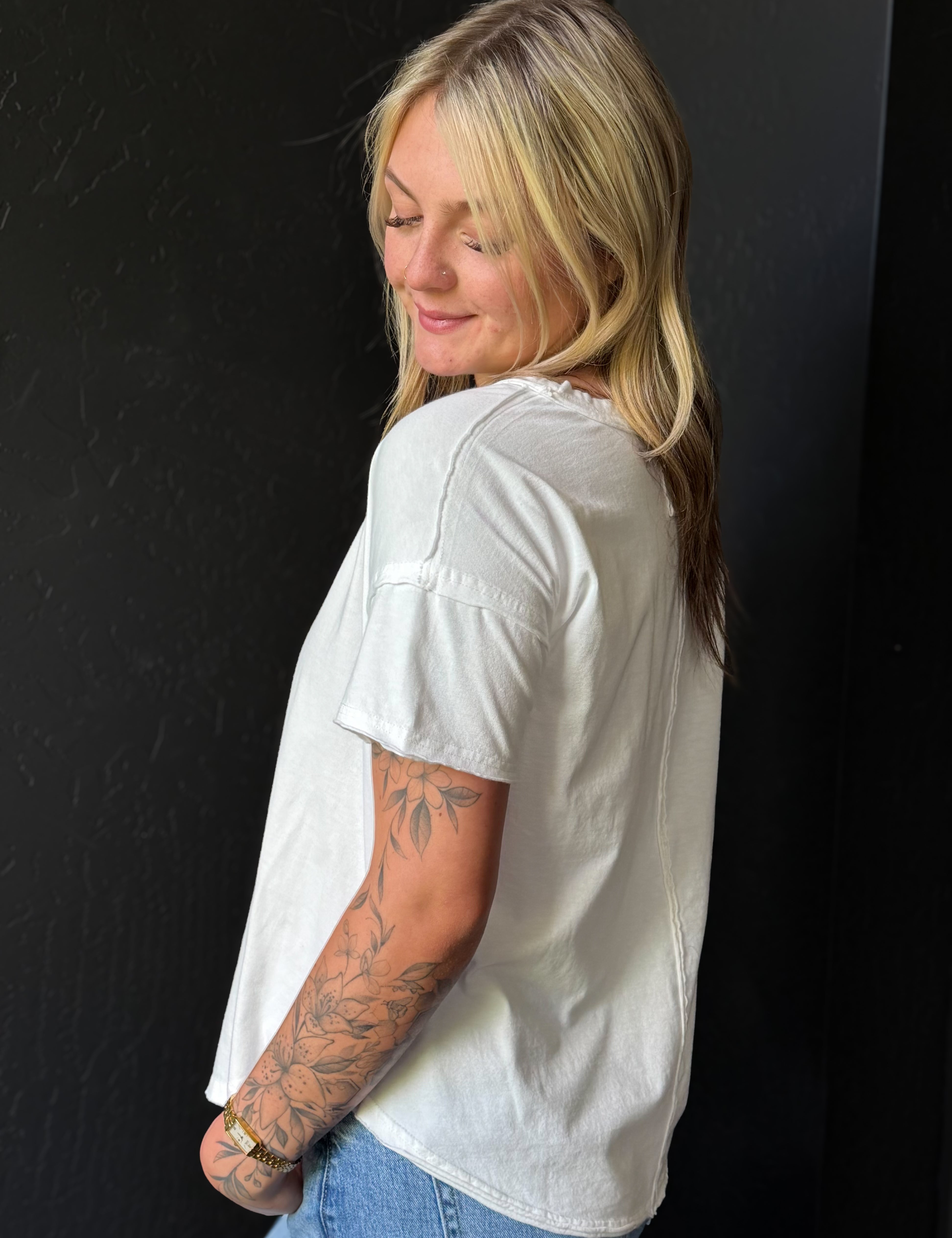 Hilda Exposed Seam Raw Edge Short Sleeve Knit Top