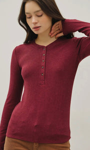 Levi Burgundy Modal Classic Ribbed Long sleeve Henley Basic Top