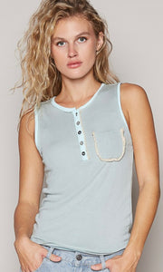 Demi Pale Aqua Ruffle Detail Sleeveless Top with Front Pocket