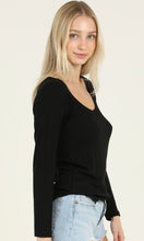 Carina Black Rib Knit Scoop Neck Rounded Hem Long Sleeve Top