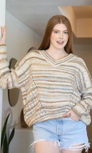 Charis Brown Striped V Neck Cable Knit Pullover Sweater