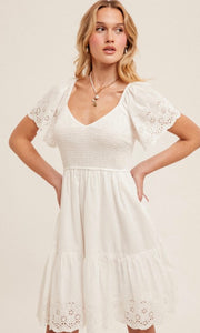 Emma Smocked Detail Eyelet Tiered Babydoll Dress