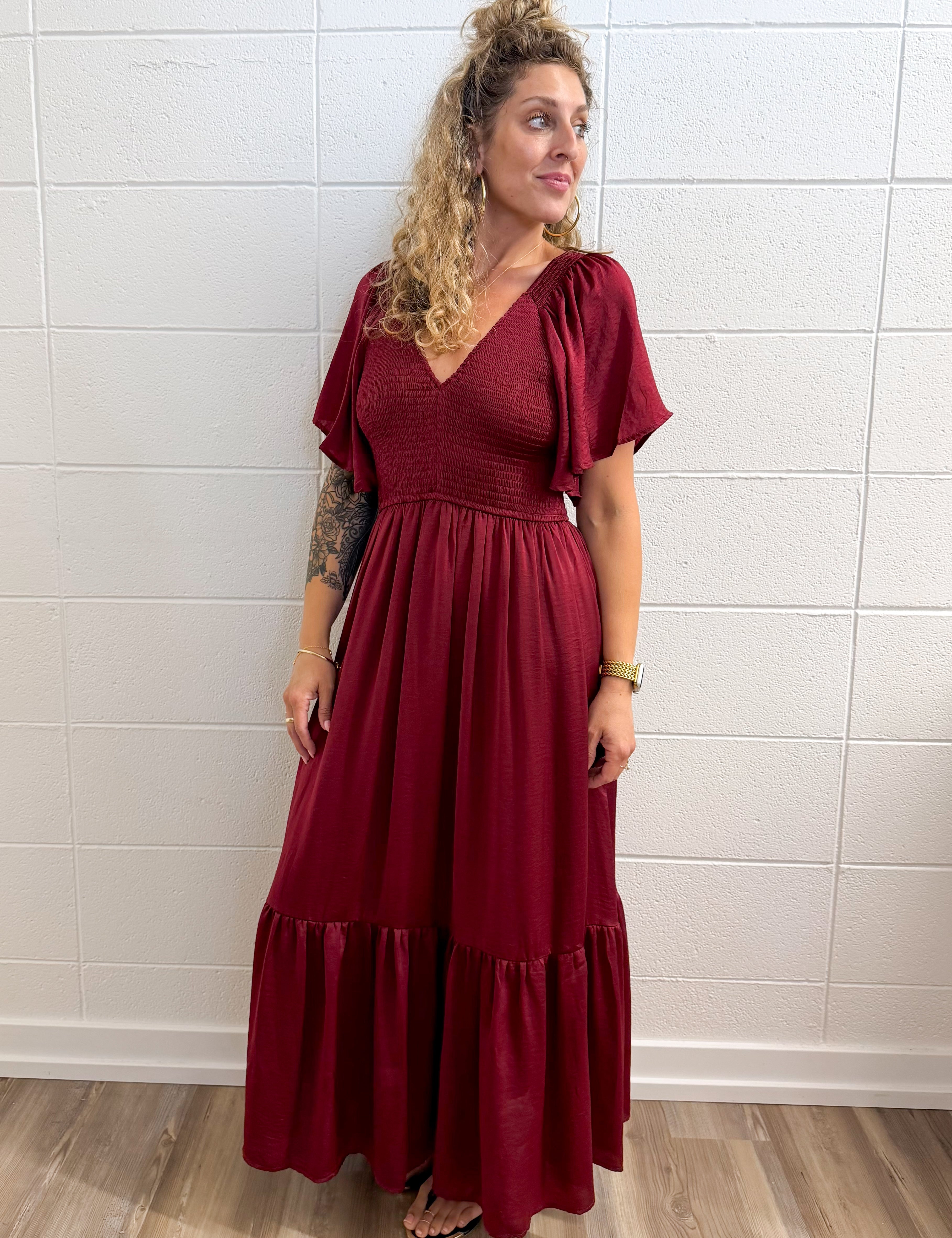 Flare Satin Empire Smocked Midi Dress