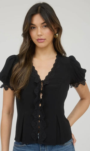 Lara Black Lace Trim Button Down Puff Sleeve Blouse