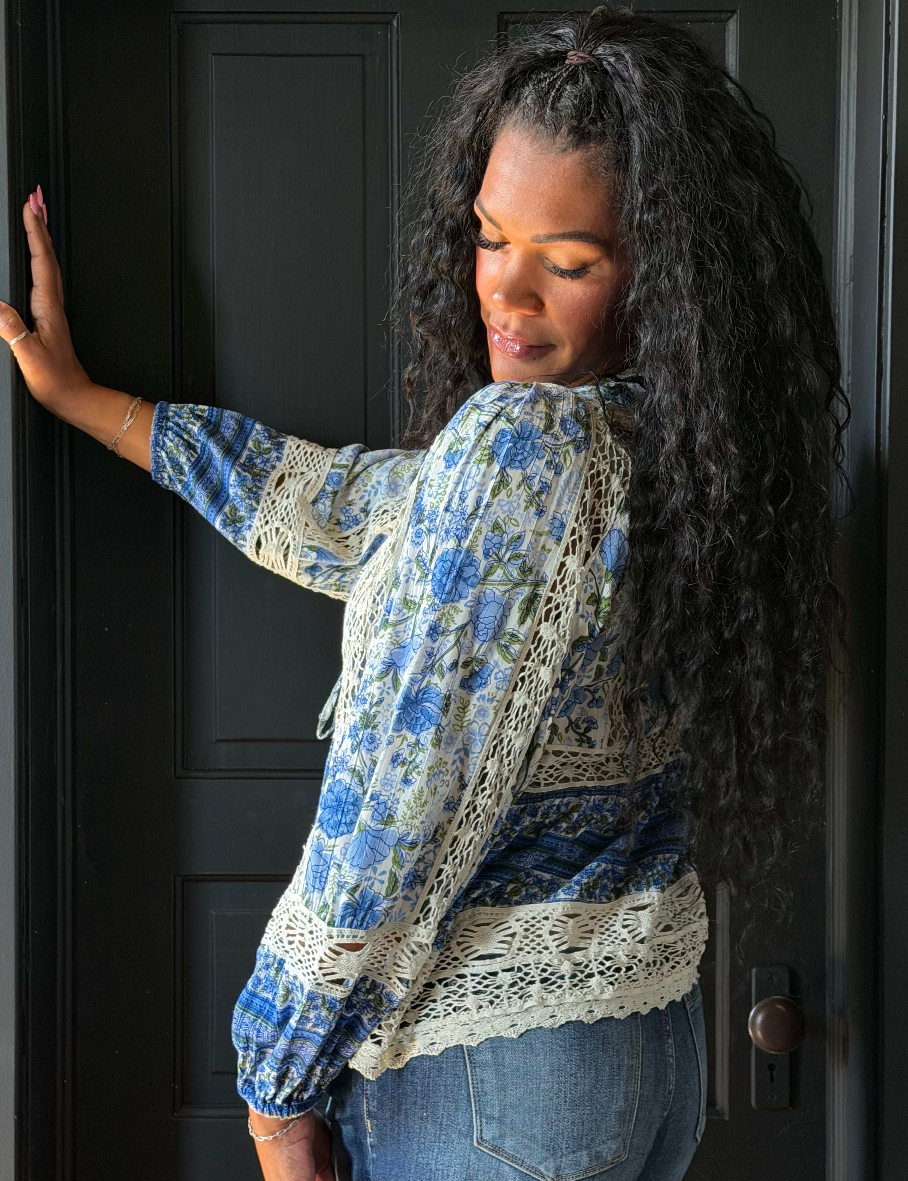 Mia Lace Trim Tie Front Long Sleeve Blouse