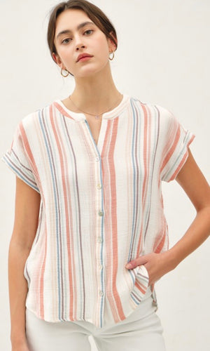 Glenroy Striped Gauzy Button Up Cap Sleeve Top