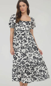 Lawson Black Floral Scallop Trim Puff Sleeve Midi Dress