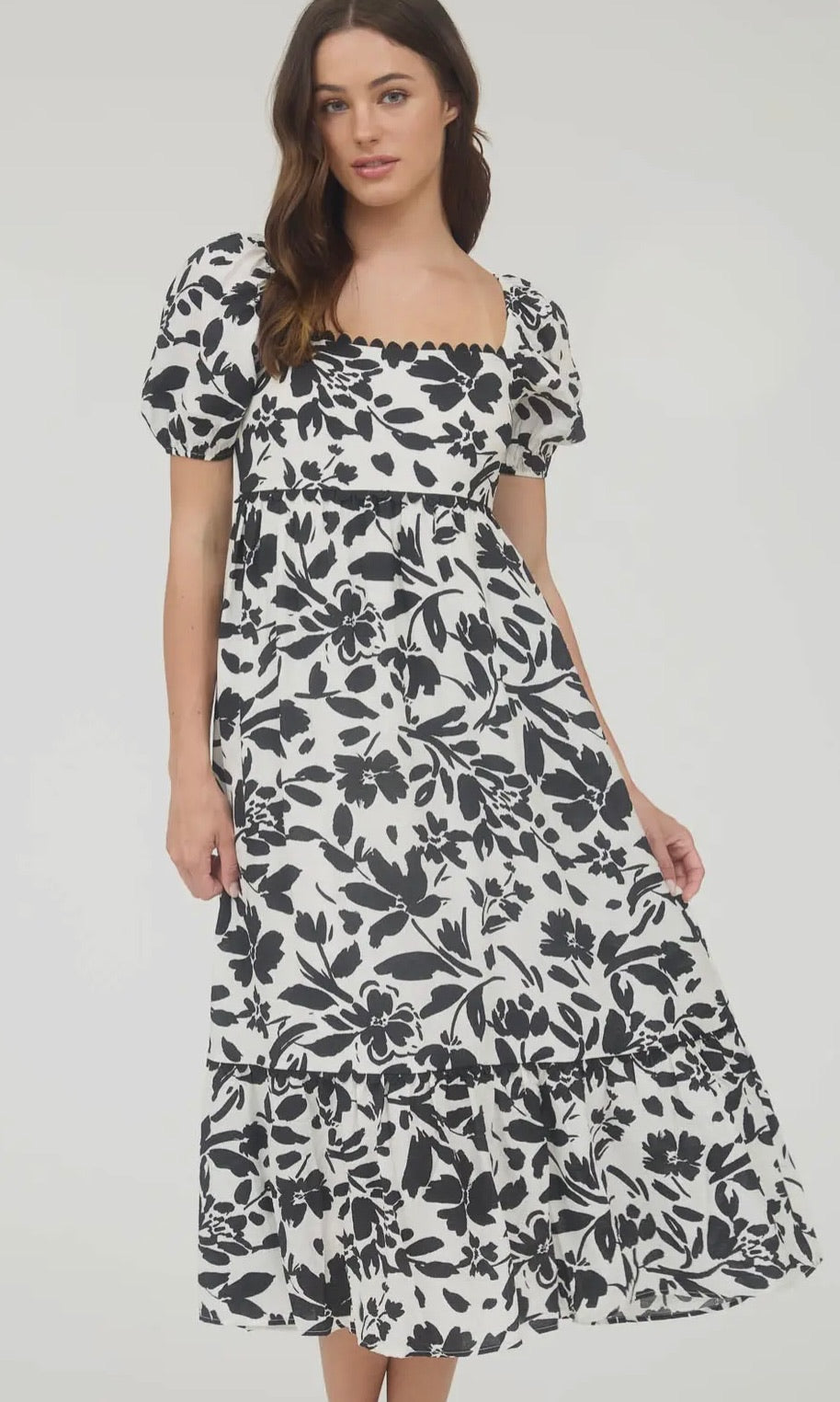 Lawson Black Floral Scallop Trim Puff Sleeve Midi Dress