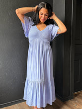 Artiste Blue Aura Satin Empire Smocked Midi Dress